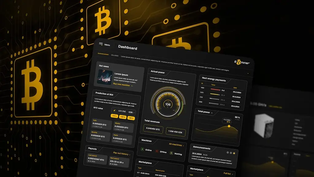 Tmavý dashboard aplikace 2Bminer s výkonem těžby, výplatami a stavem těžebních strojů na pozadí se symboly bitcoinu