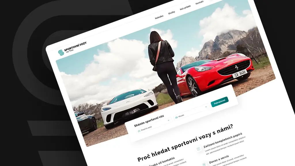 Web Sportovní vozy na Truc s fotografií ženy u červeného Ferrari v horách a vyhledáváním sportovních vozů