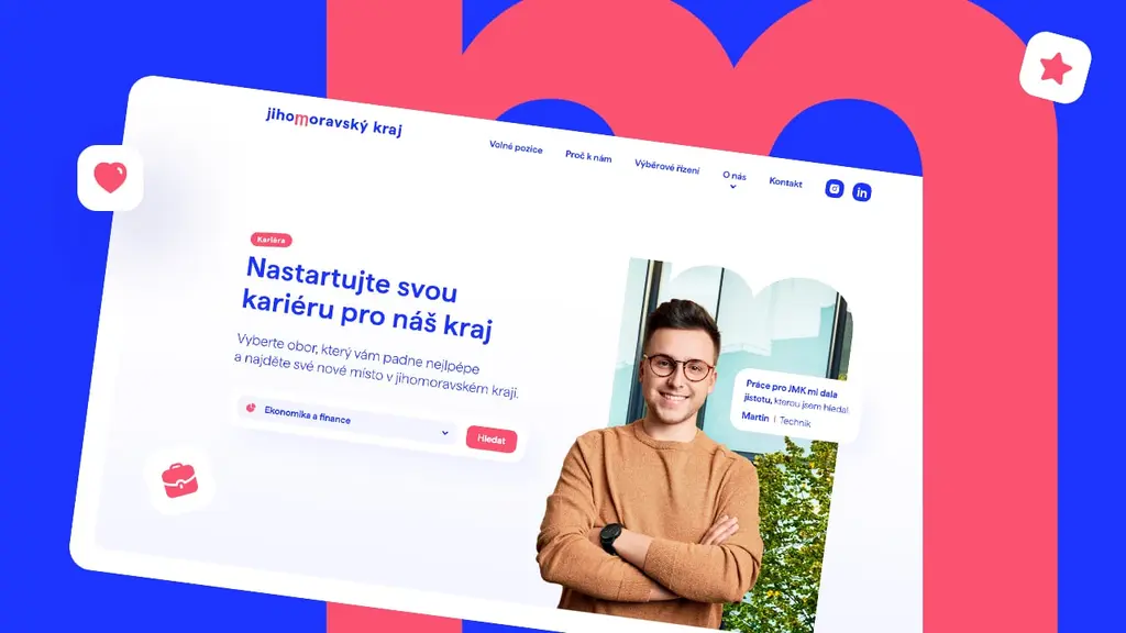 Kariérní web Jihomoravského kraje s nadpisem Nastartujte svou kariéru pro náš kraj a fotografií usměvavého zaměstnance