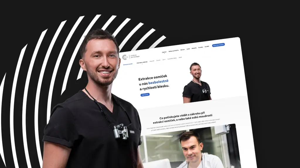 Nový web kliniky The Clinic na obrazovce vedle fotografie usměvavého zubního lékaře v černé uniformě